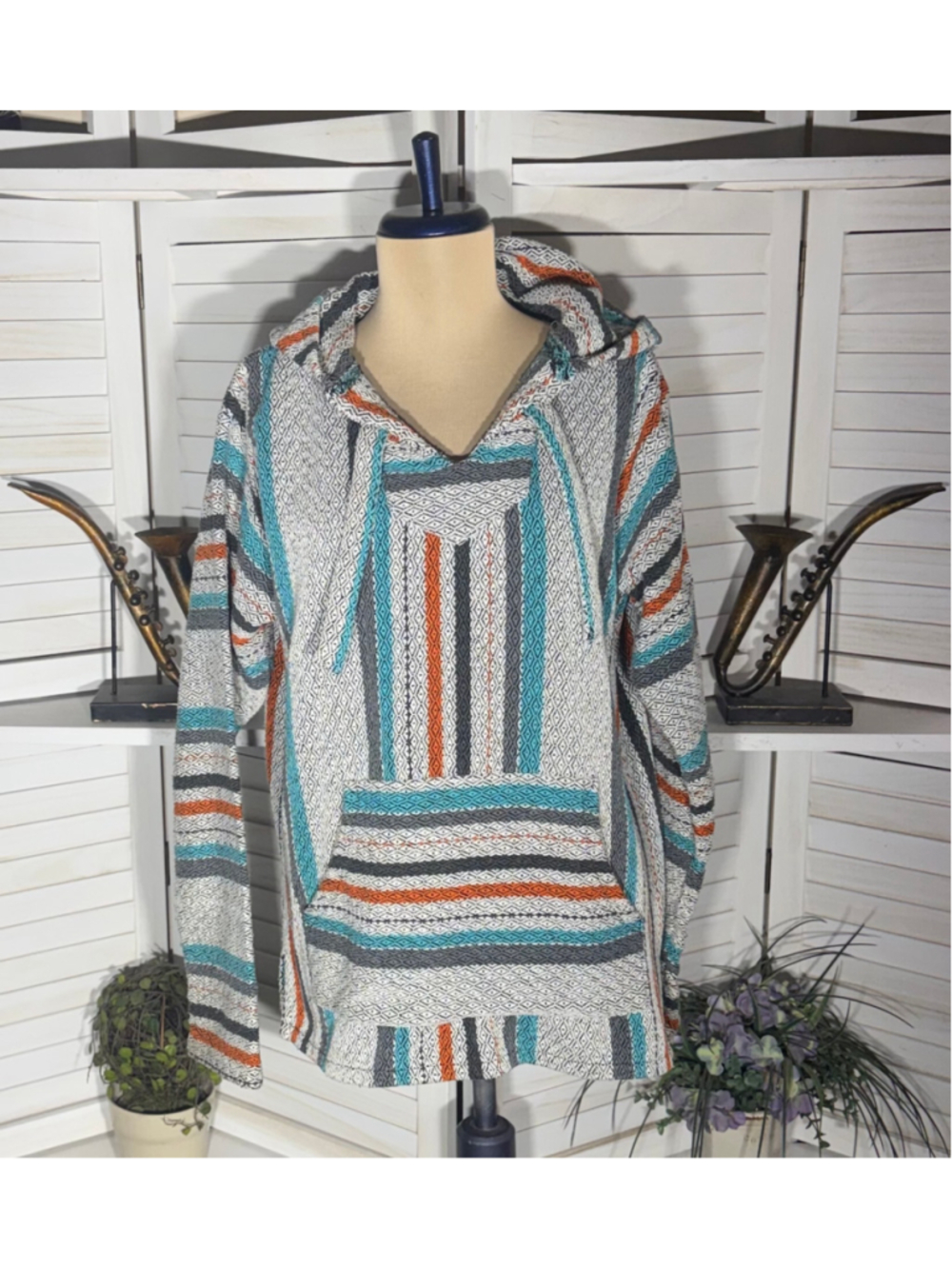 Vintage poncho Mexican sweater hoodie striped boho hippie grunge 90s cotton M
